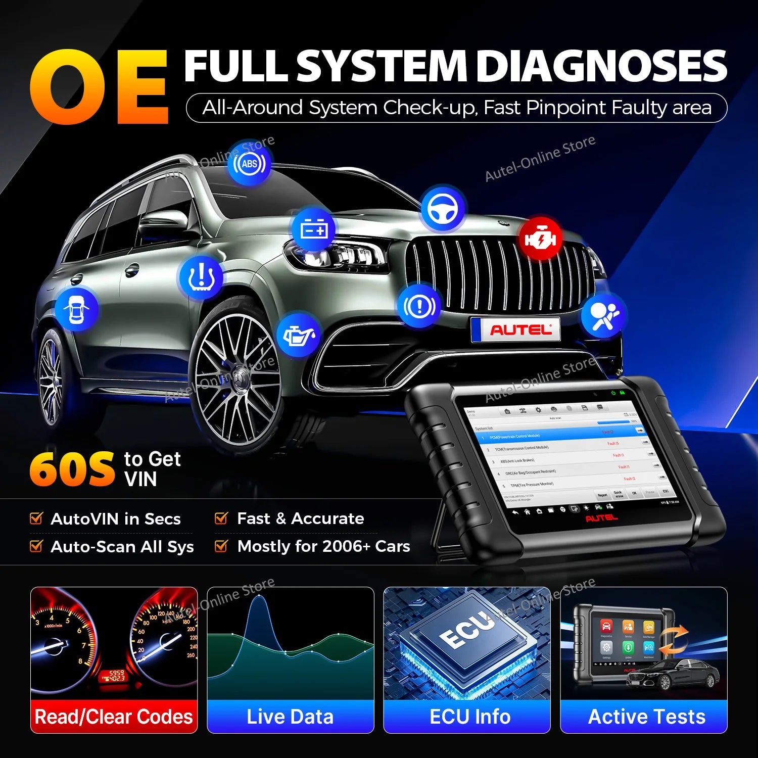 Autel MaxiCheck MX808S Full System Diagnostic Tool with 36+ Special Functions, Read/ Erase Fault Codes Upgrade Version of MX808